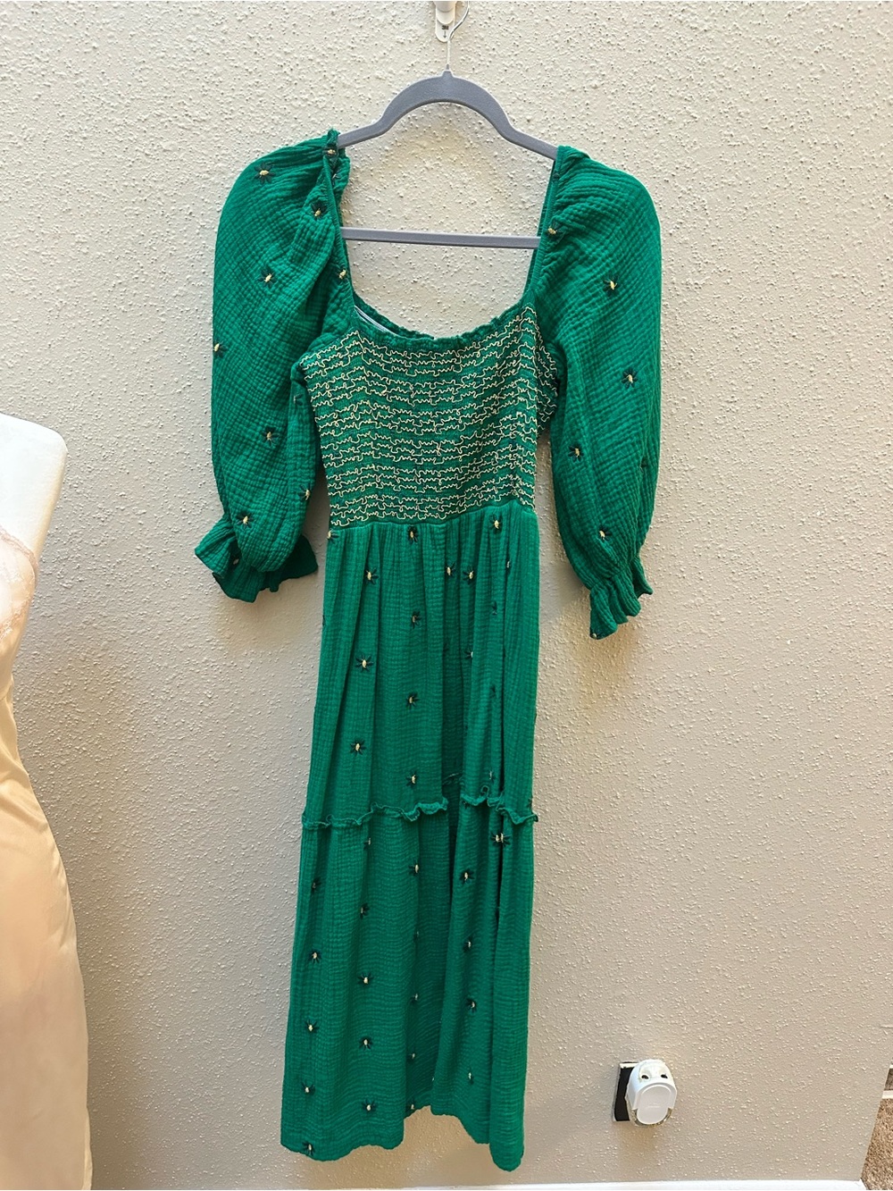 Floral Embroidered Long Balloon Sleeve Smocked Midi Maxi Dress Sz L Boho Green - Picture 4 of 5